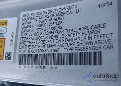 2025 Honda Accord Hybrid Ex-L from USA, damaged, VIN 1HGCY2F64SA011997